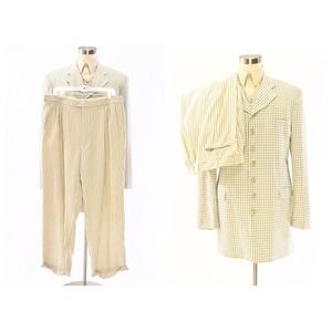 90s R Raspinni Ivory & Blue Plaid & Striped 3 Piece Suit Mens 47L Pants 37 x 30